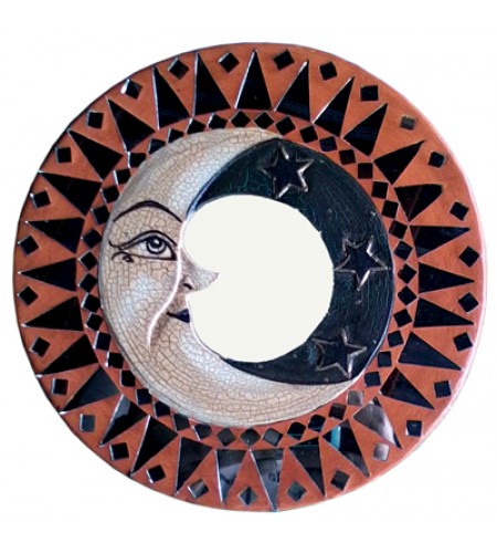 Antique Mirror Moon Circle, Antique Mirror Moon Glass Mosaic, Antique Moon Glass Mosaic Wooden Hand Carved Mirror, Glass Moon Mosaic Wall Mirror, Vintage Celestial Glass Moon Mosaic Wooden Mirror