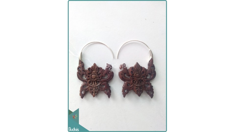Balinese Style Wooden Earrings Sterling Silver Hook 925