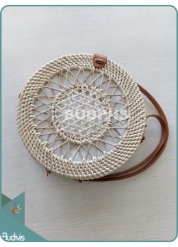 wholesale Cream Sunflower Hand-Woven Pattern Round Rattan Bag, Fashion Bags
