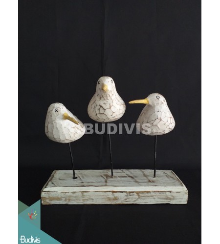Decorative Rustic Wooden Seagull Bird Group Triple Carving Hand Carved Painted - Ornament