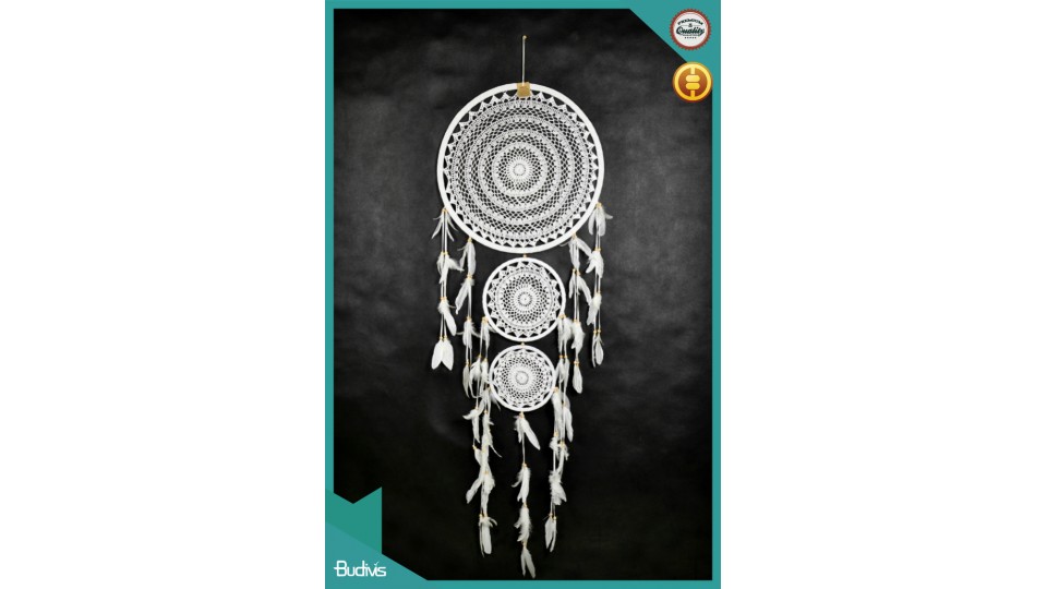 For Sale Large Triple White Hanging Dreamcatcher Crocheted