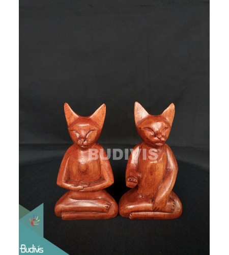 Indonesia Wood Carved Couple Cat In Handmade