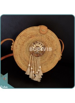 wholesale Natural Solid Round Rattan Bag With Bead Dangling Dreamcatcher, Fashion Bags