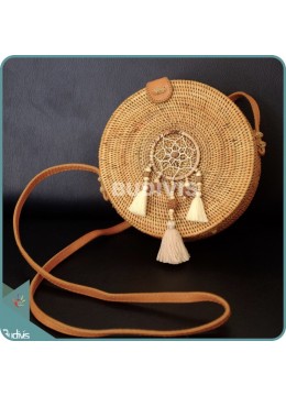 wholesale Natural Solid Round Rattan Bag With Beads Mini Dreamcatcher, Fashion Bags