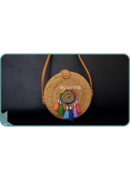 wholesale Natural Solid Round Rattan Bag With Rainbow Colour Dreamcatcher, Fashion Bags