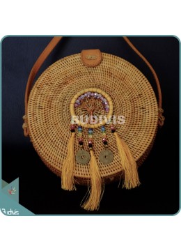 wholesale Natural Solid Round Rattan Bag With Yellow Mini Dreamcatcher, Fashion Bags
