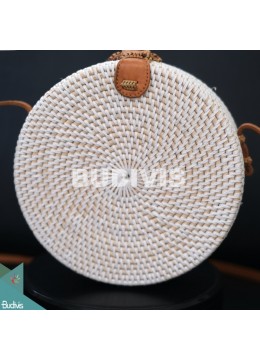 wholesale Production Round Bag White Synthetic With Flower Woven Rattan, Fashion Bags