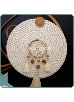 wholesale White Round Rattan Bag With Mini Brown Three Dangling Dreamcatcher, Fashion Bags