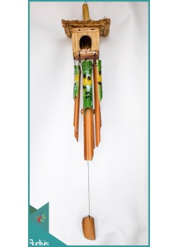 Indonesian Bird House Garden Hanging Hand Painted Green Bamboo Wind Chimes