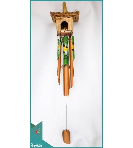 Indonesian Bird House Garden Hanging Hand Painted Green Bamboo Wind Chimes