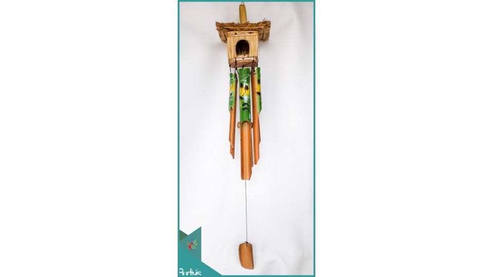 Indonesian Bird House Garden Hanging Hand Painted Green Bamboo Wind Chimes