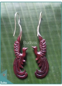 Bird Carved Wooden Earrings 925 Sterling Silver Hook