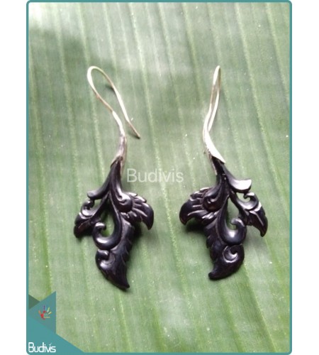 Leaf-Shaped Carved Earrings With Koru Style Sterling Silver Hook 925