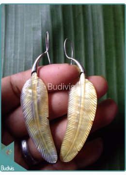 Shell Earrings With Feather Pattern Sterling Silver Hook 925