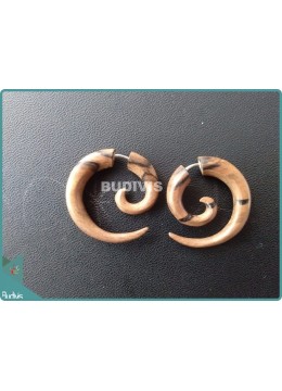 Wooden Brown Spiral Tribal Earrings 925 Sterling Silver Hook