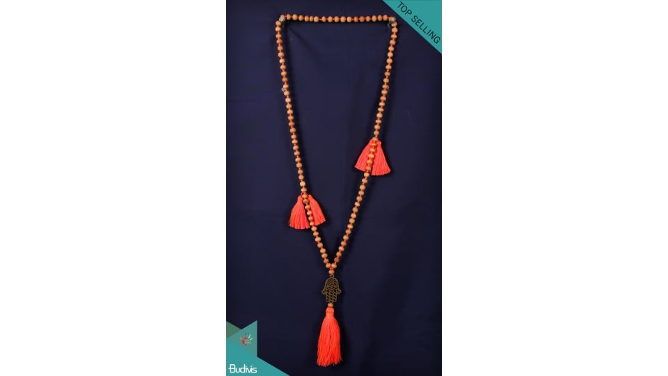 Bali Mala 108 Wooden Long Handmade Knotted Necklace With Hamsa