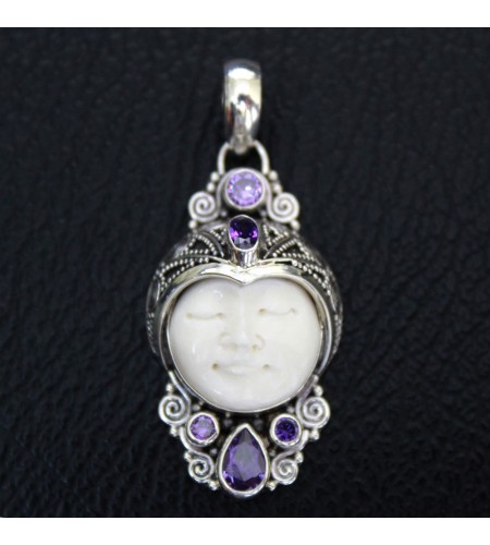 Wholesale Bone Carved Moon Face Sterling Silver Pendant 925