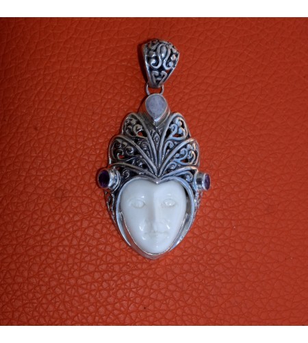 Wholesale Bone Carved Moon Face Sterling Silver Pendant 925