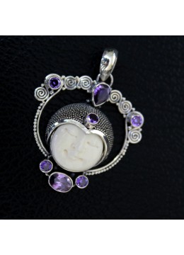 Wholesaler Bone Carved Moon Face Sterling Silver Pendant 925