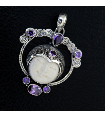 Wholesaler Bone Carved Moon Face Sterling Silver Pendant 925