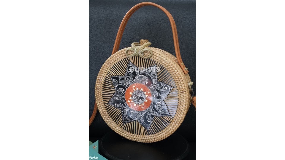 Batik-Embellished Tote And Crossbody Rattan Round Bag