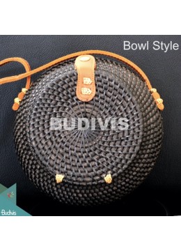 Bowl-Shaped Black Rattan Bag With Leather Strap