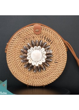 Natural Round Rattan Bag With Black Shell Decoration