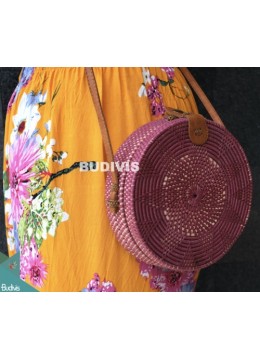 Purple Rattan Bag With White Flower Pattern