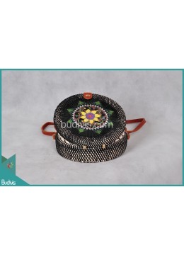 Top Model Round Bag Black Synthetic Material With Wood Flower Rattan