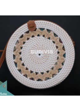 White Rattan Bag With Cream Handwoven Pattern On Top