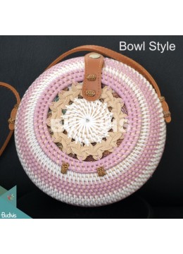 White With Pink Stripes Bowl-Shaped Rattan Bag