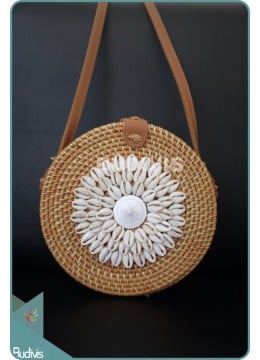 Brown Natural Rattan Bag With Shell Decoration