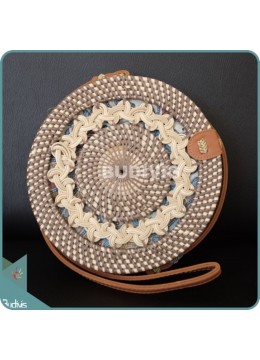 Cream And Brown Rattan Woven Round Bag