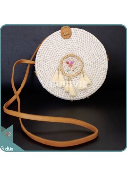 Cream Round Rattan Bag With Mini Dreamcatcher