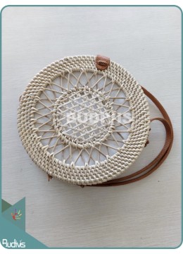 Cream Sunflower Handwoven Round Rattan Bag