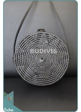 Grey Rattan Flower Pattern Round Bag