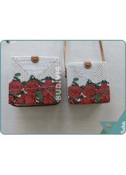 Hand-Painted Red Rose Rattan Square Shoulder Bag