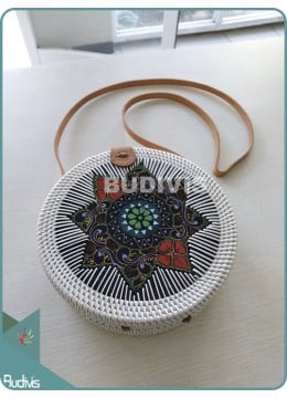 Hand Woven Floral Painting Cukli Balinese Rattan Bag With Batik Pattern