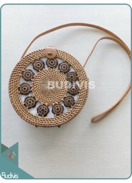 Hand-Woven Round Rattan Bag With Coconutnut Shell Decoration