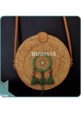 Natural Solid Color Round Rattan Bag With Green Dream Catcher