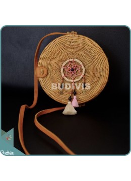 Natural Solid Color Round Rattan Bag With Mini Dream Catcher