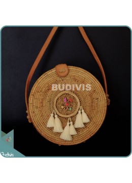 Natural Solid Color Round Rattan Bag With Mini Rattan Dream Catcher