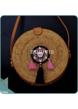 Natural Solid Round Rattan Bag With Black And Pink Dream Catcher