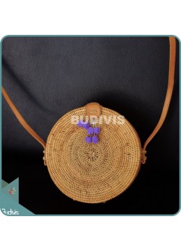 Natural Solid Round Rattan Bag With Purple Hanging Ornaments