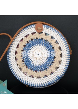 Round Blue And White Balinese Rattan Woven Bag