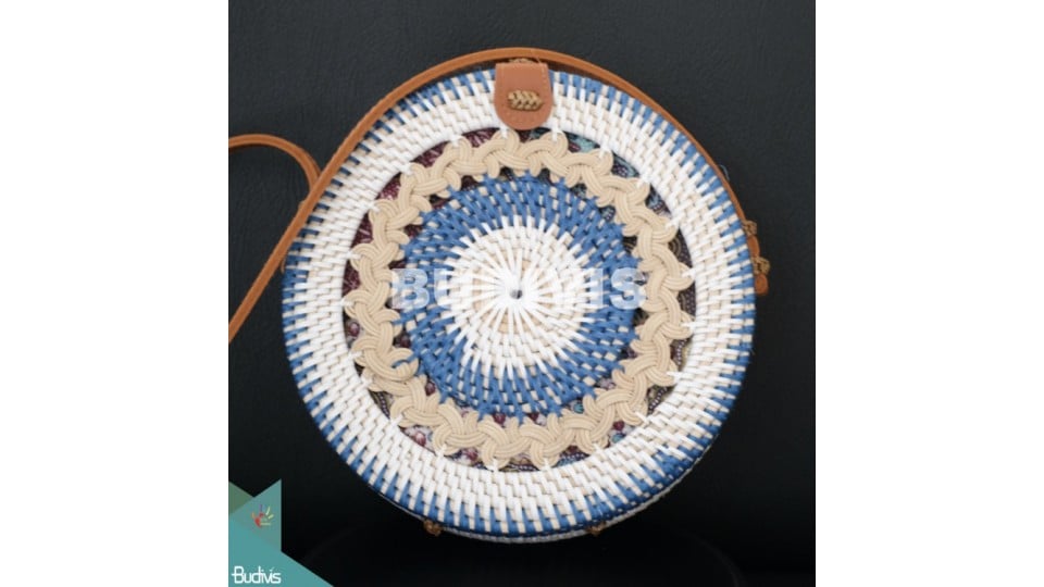 Round Blue And White Balinese Rattan Woven Bag