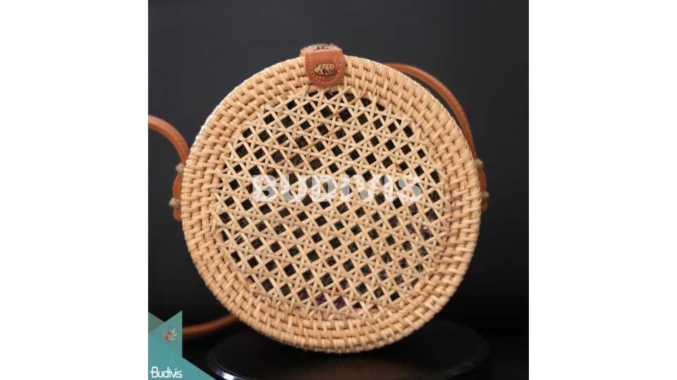 Round Brown Bali Rattan Woven Mesh Bag