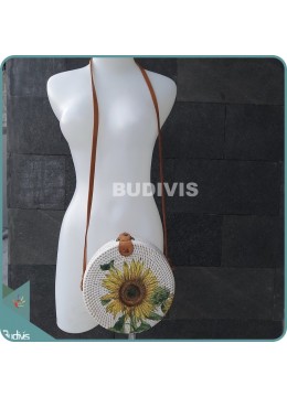 Single Sunflower Hand-Painted Rattan Round Bag