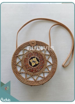 Star Pattern Round Rattan Bag With Painted Wood