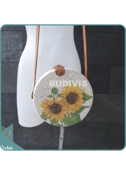 Sunflower Hand Painted Rattan Round Bag